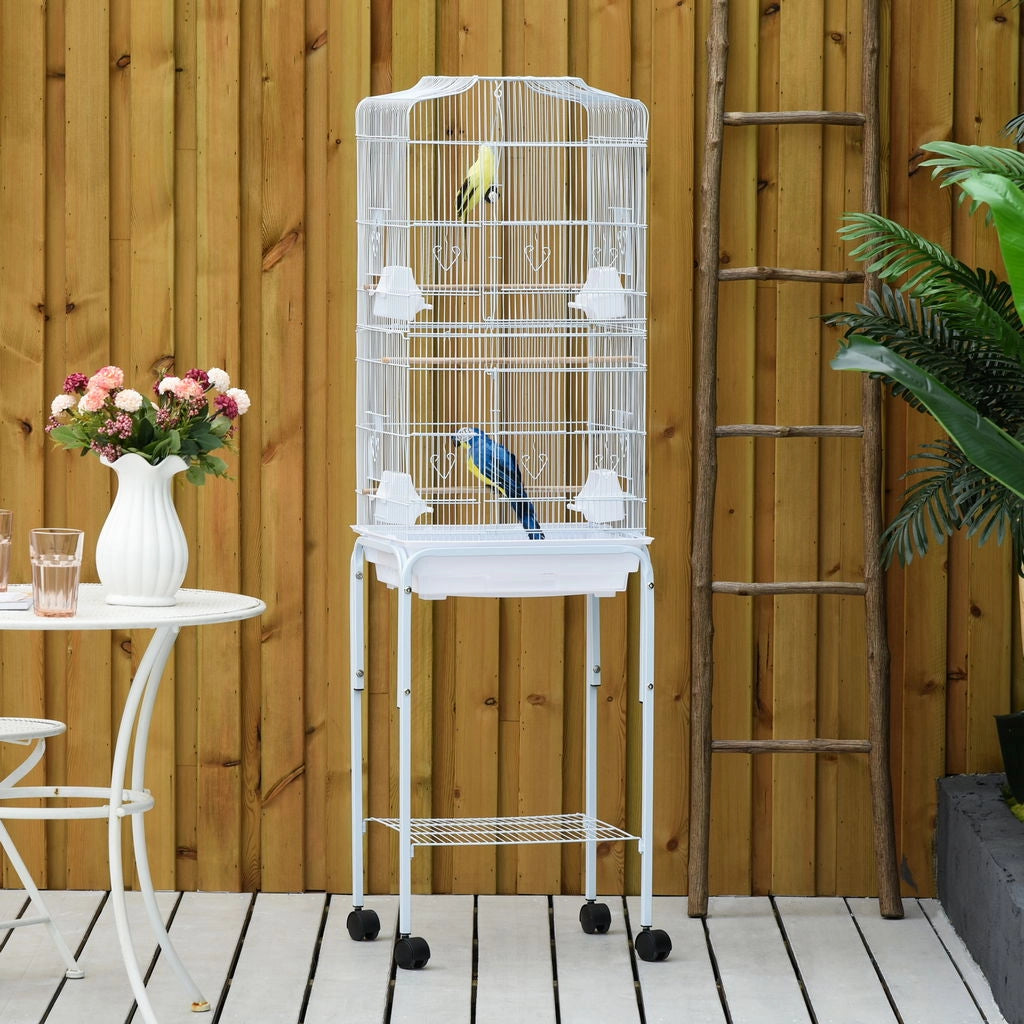 GABBIA PER UCCELLI, VOLIERA IN METALLO E ACCIAIO CON RUOTE, TRESPOLI E CIOTOLE, 46.5X36X157CM - BIANCO