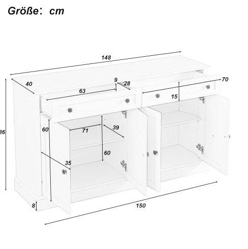 Credenza Sideboard con 4 ante e 2 cassetti; 150x40x86 cm; bianco antico