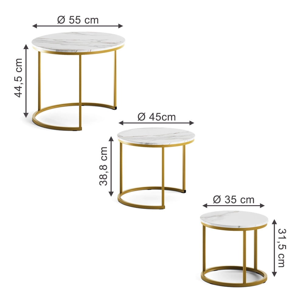 Vicco Tavolino da divano Bianco/Oro 55 x 55 cm 3 parti