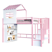 Letto a soppalco singolo 90×200 cm con scala contenitore e ripiani; senza materasso; metallo; rosa