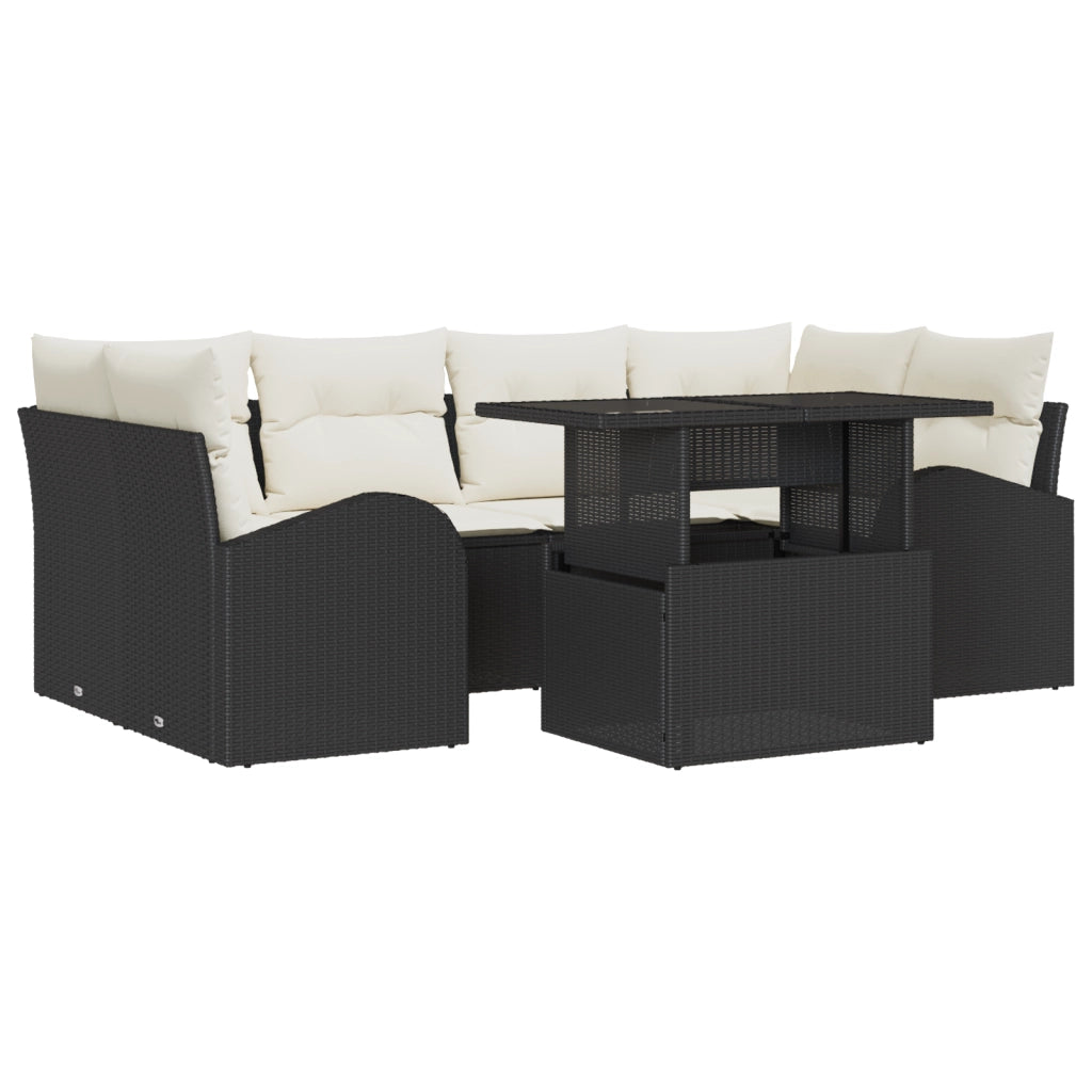 Set di Divano da Giardino da 7 Pezzi con Cuscini in Rattan Nero
