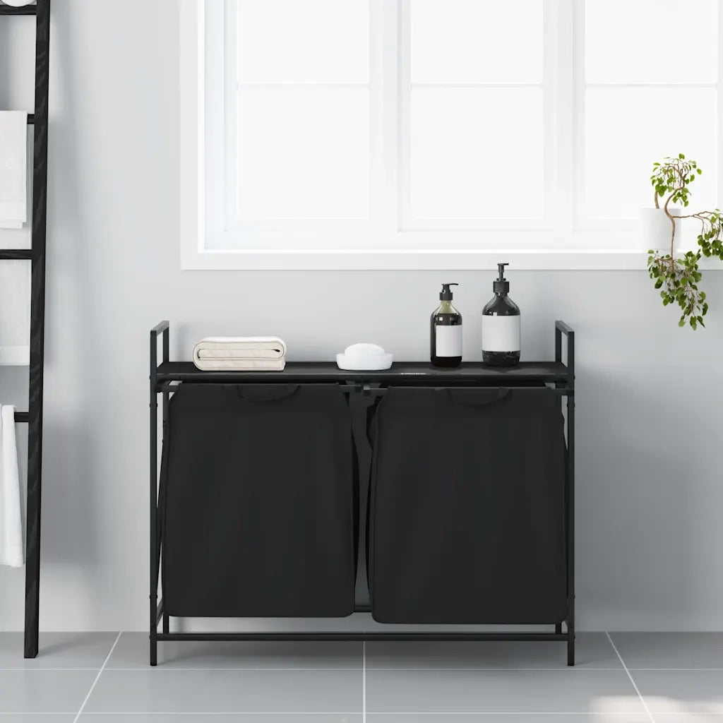 Cesto della Biancheria 2 Scomparti con Ripiano in Rovere Nero CFW4174460