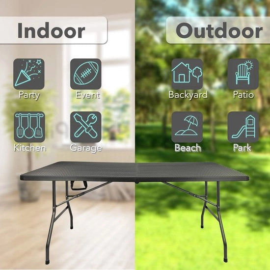 Tavolo da Giardino Pieghevole - Tavolo da Picnic Opportuno con Sistema di Trasporto - Aspetto di Rattan - 180x75x74 cm - Nero
