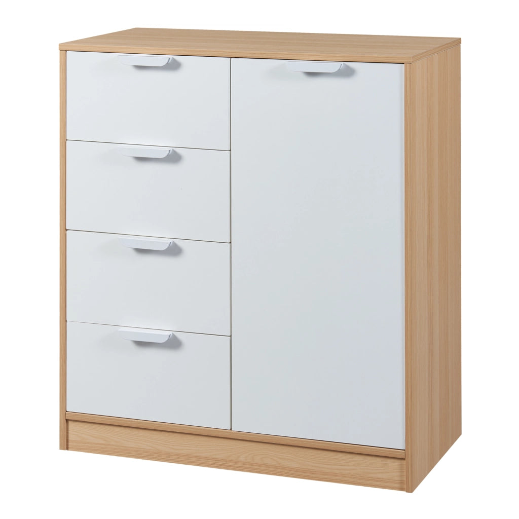 Comò Varkaus con 4 Cassetti e Anta- Effetto Rovere / Bianco [en.casa]