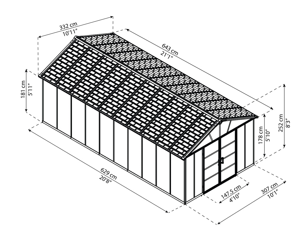 Casetta Da Giardino in Policarbonato Yukon 643X332X252 cm Grigio Pavimento Incluso