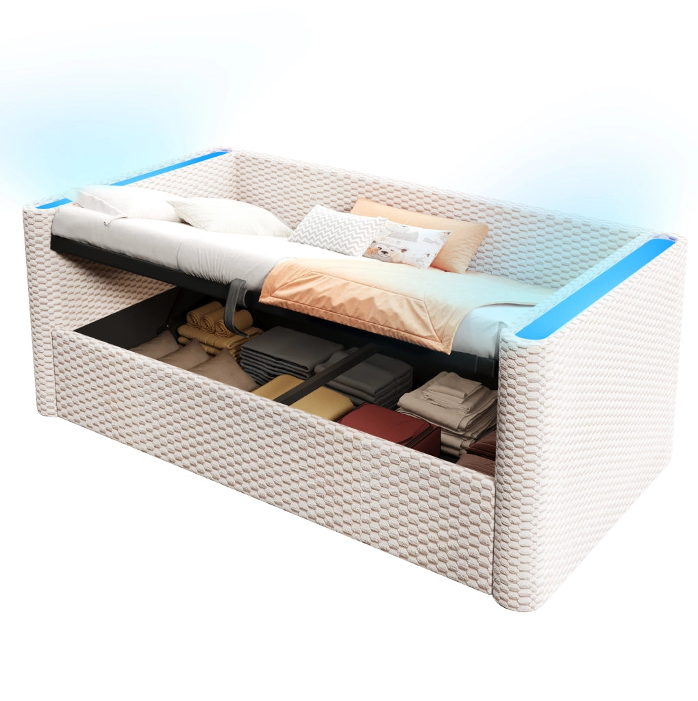 Divano letto 90x200 cm con contenitore idraulico e LED in velluto