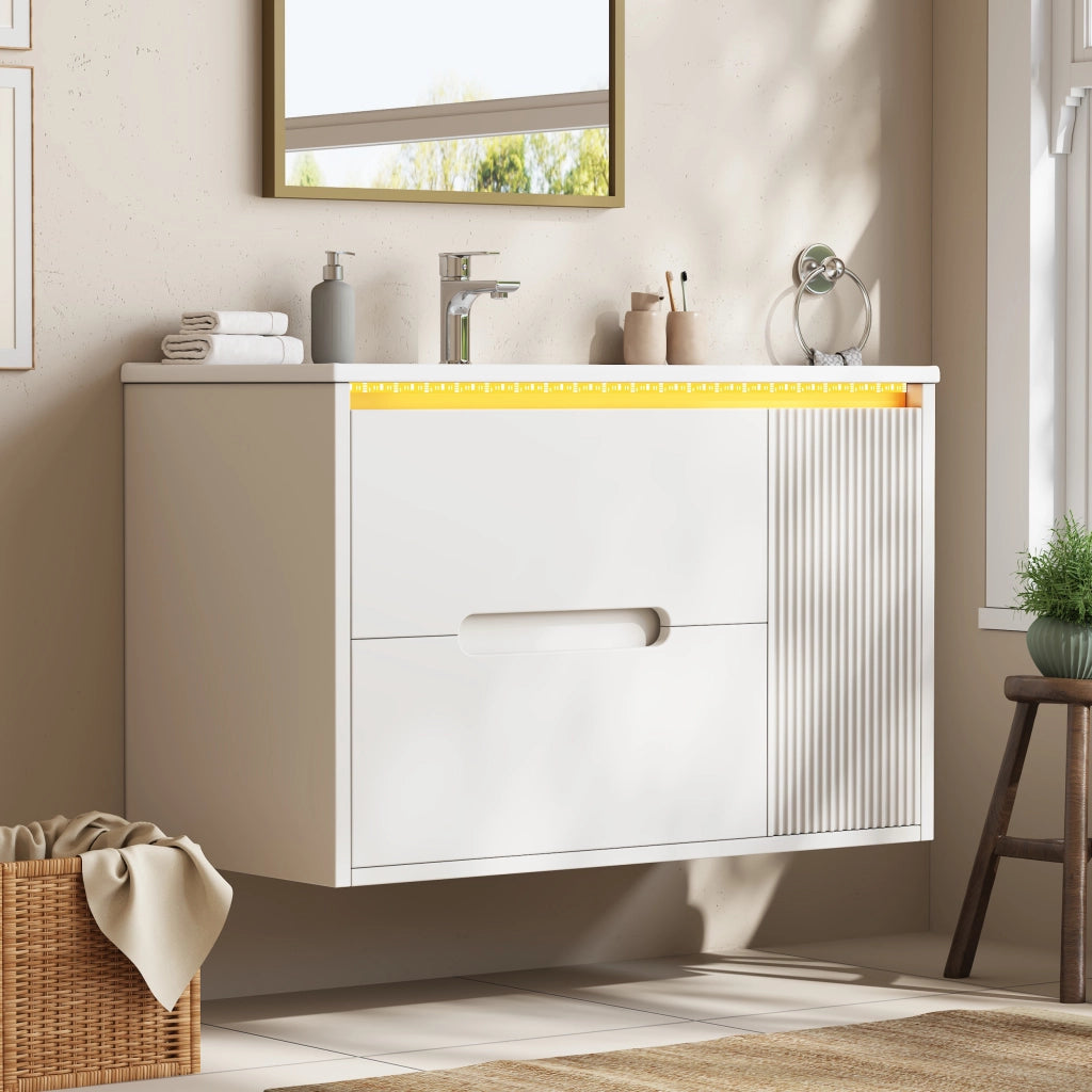 Mobile bagno sospeso 81 cm bianco con lavabo in ceramica e cassetti