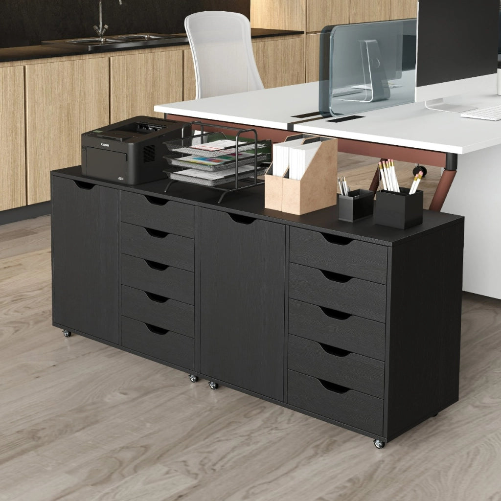 Mobiletto con 5 cassetti e anta per ufficio a casa, Carrello con ripiano regolabile e 5 rotelle Nero