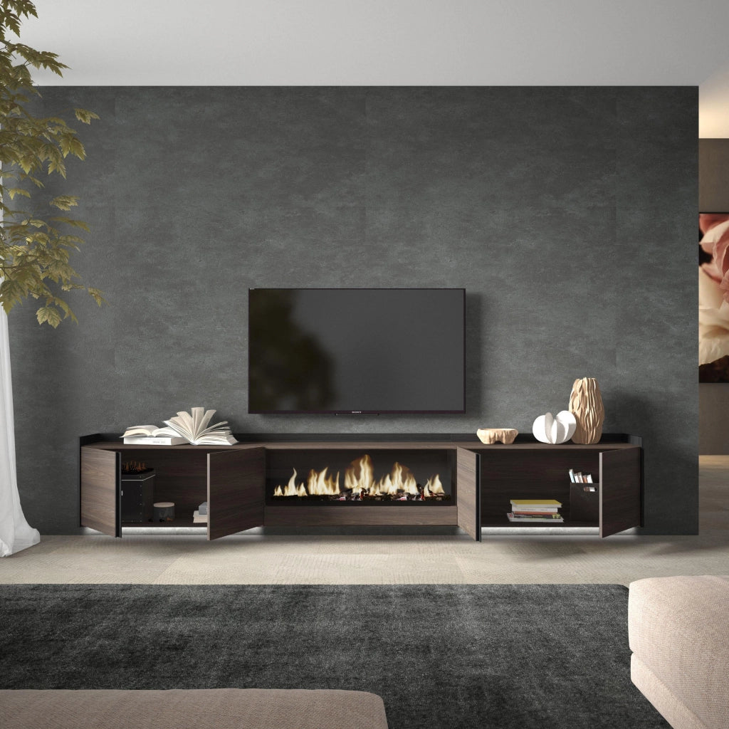 Mobile TV Soggiorno, 315x50x35 cm, Per TV fino a 80", Camino elettrico XXL, Sospeso, da appendere, LED, Rovere scuro e Nero
