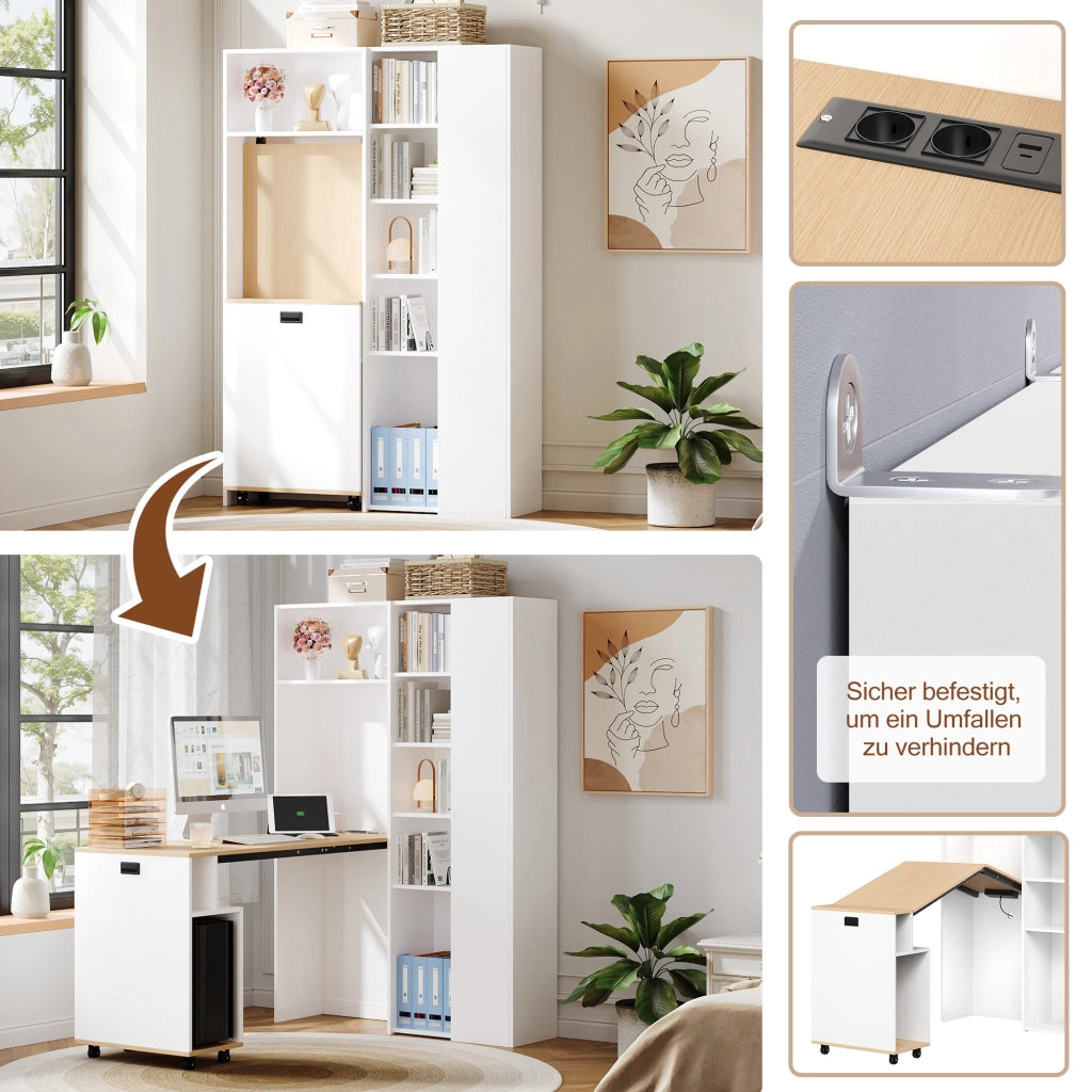 SCRIVANIA pieghevole 2 in 1 con libreria, 104,5 x 30,5 x 160 cm, MDF, White Oak