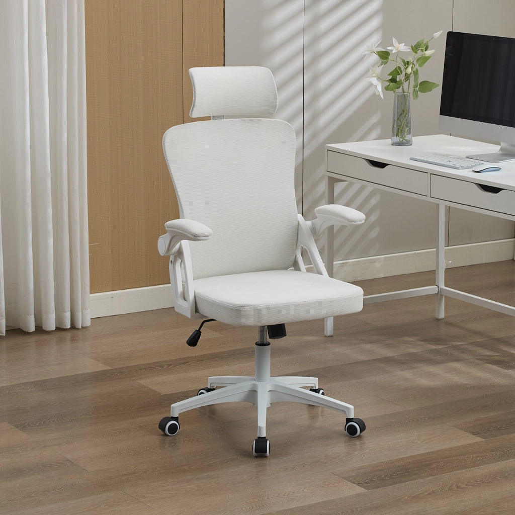 Sedia da ufficio ergonomica in rete traspirante con supporto lombare regolabile e braccioli ribaltabili bianca