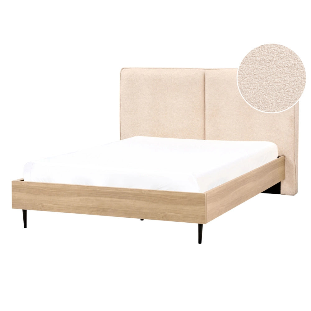 Letto matrimoniale in tessuto bouclè beige con testiera imbottita 140 x 200 cm stile moderno
