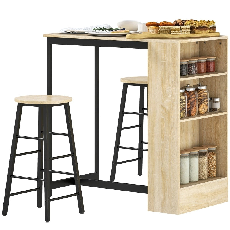 Set tavolo bar 3 pezzi con 2 sgabelli, vano portaoggetti, stile moderno industriale, nero
