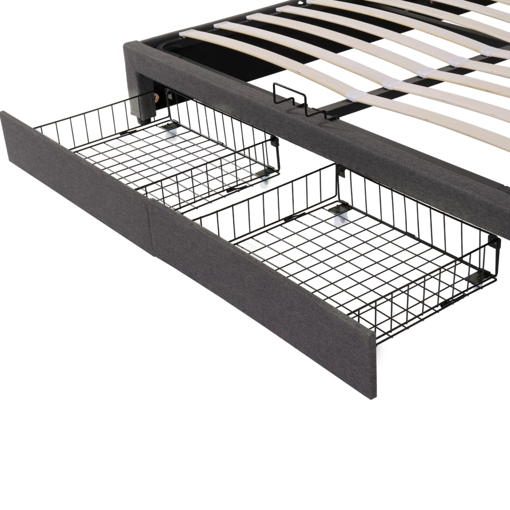 Letto imbottito matrimoniale 160x200 cm con LED; rete a doghe; contenitore; grigio scuro in lino e acciaio