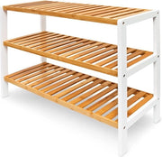 Scaffale per scarpe a 3 livelli - capienza 9 paia - dimensioni 545 x 70 x 245 cm - materiale naturale e bianco.