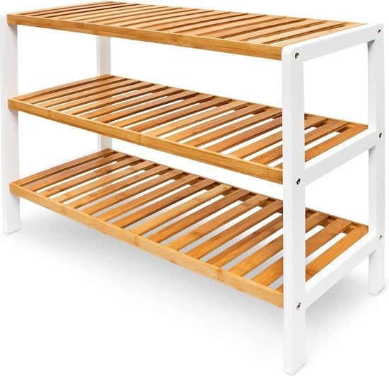 Scaffale per scarpe a 3 livelli - capienza 9 paia - dimensioni 545 x 70 x 245 cm - materiale naturale e bianco.
