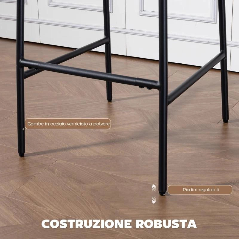 SET 2 SGABELLI DA BAR CON SCHIENALE ALTO, POGGIAPIEDI E RIVESTIMENTO IN CINIGLIA, CREMA