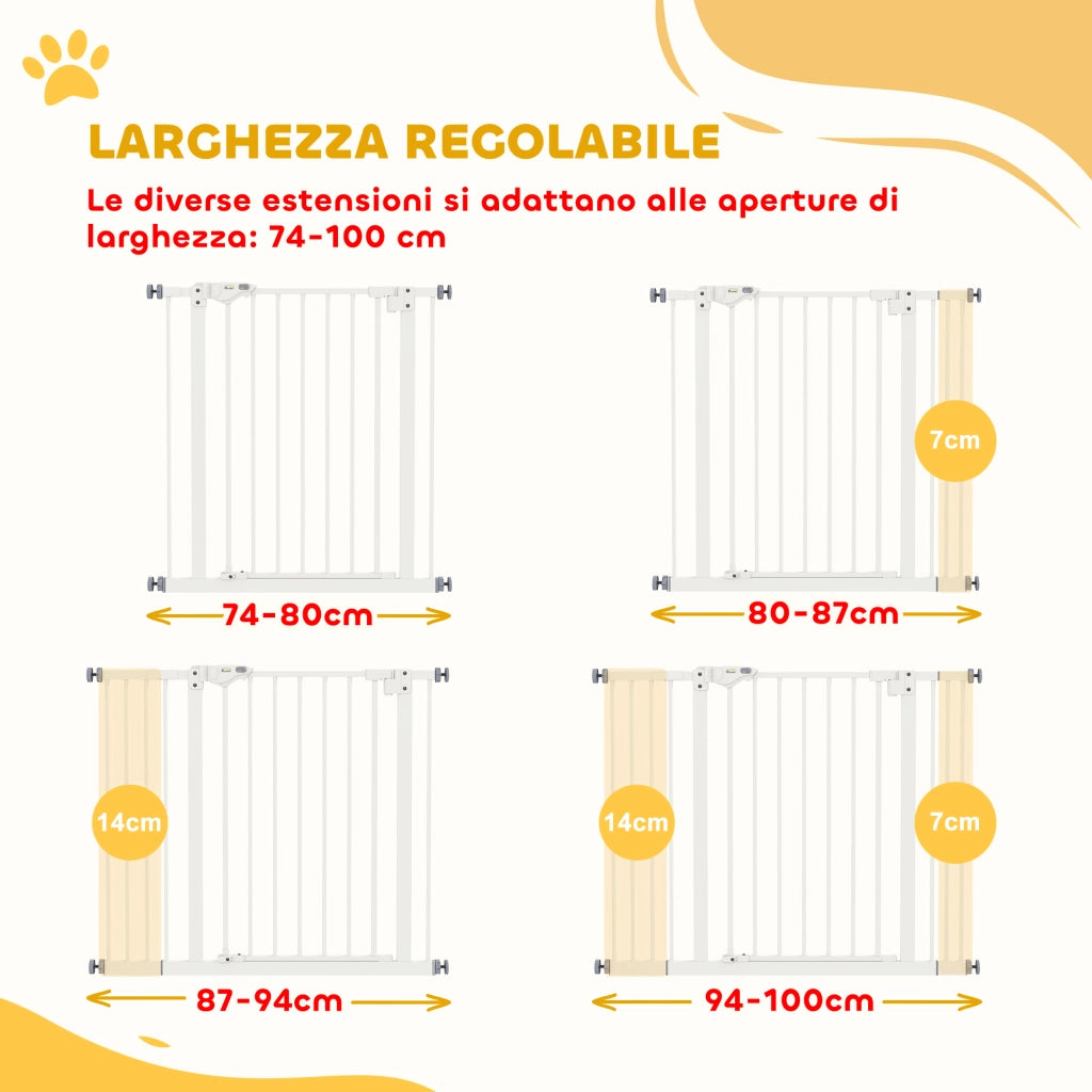 Cancellino per Cani Regolabile fino a 100 cm Senza Viti con 2 Estensioni e Altezza 72 cm, Bianco