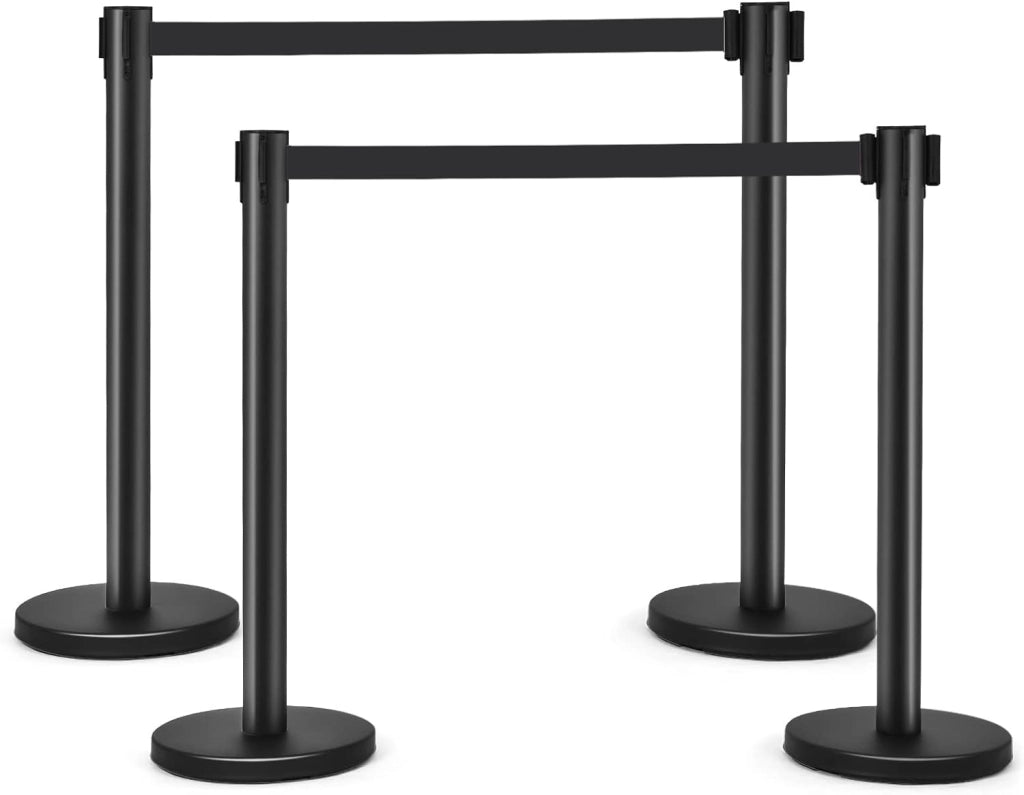 GIANTEX Set di Paletti di Delimitazione, Transenne Eliminacode, Colonnina Segnapercorso, Separacode, 4 Paletti in Acciaio Inossidabile, 2 Nastri Estensibili, Adatto per Interno ed Esterno, Nero