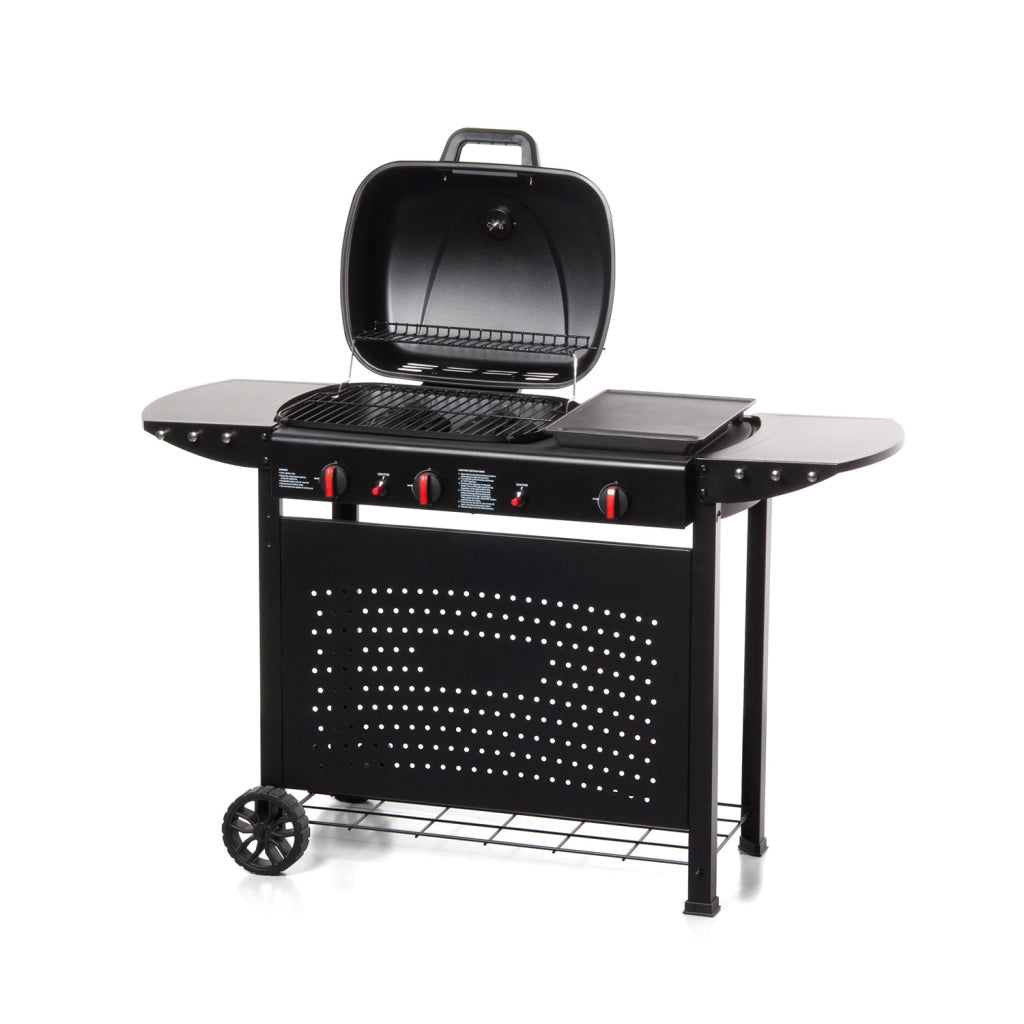 Barbecue a Gas Cheffo a 3 Fuochi Accensione Piezoelettrica 130,5x50,5x93 cm Potenza 8,5 kW in Acciaio Nero