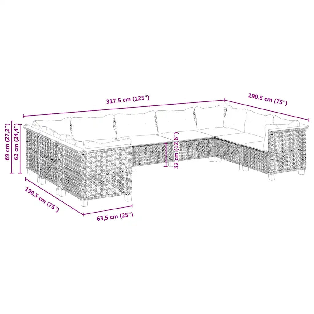 Set Divano da Giardino 9 pz con Cuscini Beige in Polyrattan