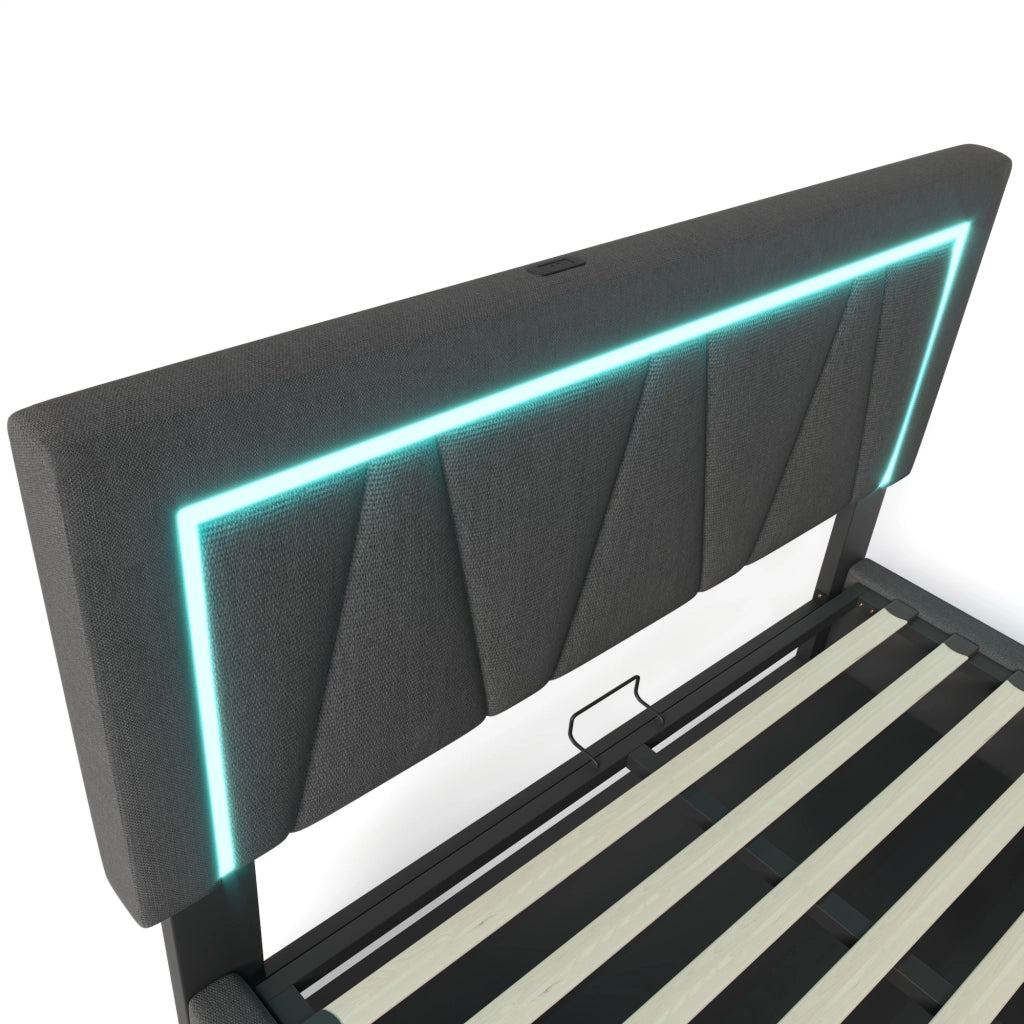 Letto imbottito con luci LED porta USB 160x200 cm lino grigio