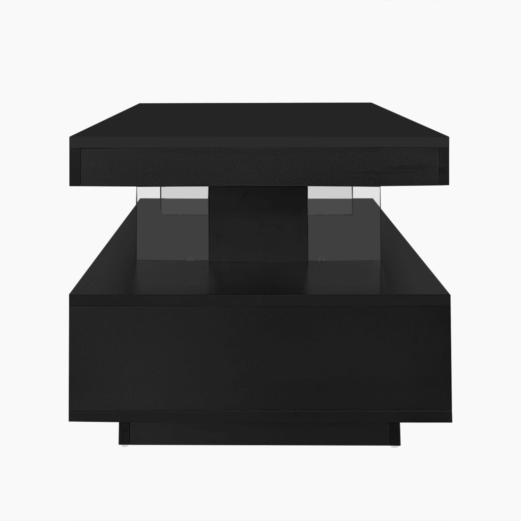 Tavolino basso nero lucido con 4 inserti in vetro 2 cassetti e 2 vani aperti in legno 95 × 50 × 42,5 cm