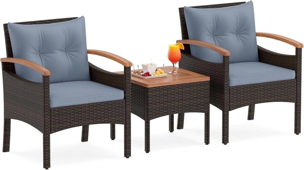 Salotto da Giardino in Rattan PE, Salottino da Esterno 3 Pz, 2 Poltrone con Braccioli e Schienale, 1 Tavolino con Piano in Legno Massello, per Terrazzo, Balcone, Patio (Marrone+Beige)