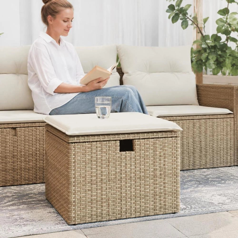 Garden Stool With Cushion, Beige, 55x55x37 Cm, Poly Rattan