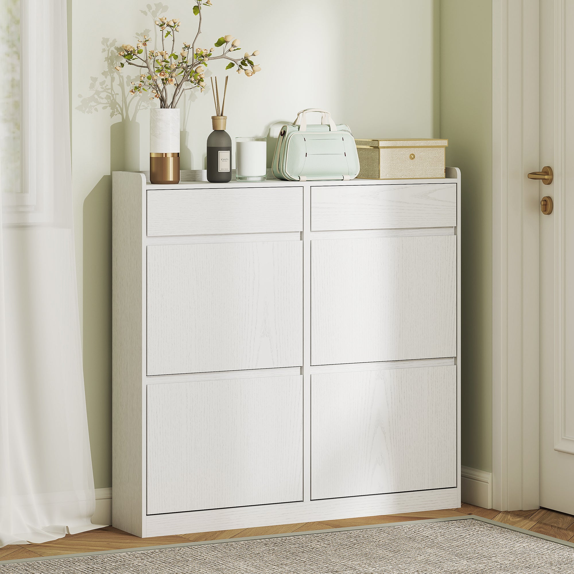 Scarpiera Slim 98x19,2x95,3 cm con 4 Ante a Ribalta e 2 Cassetti in Legno Bianco