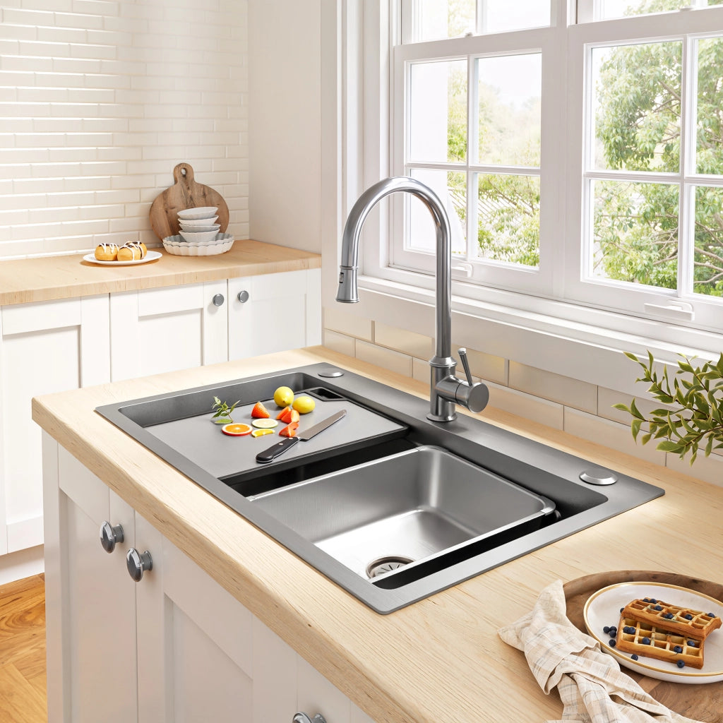 Lavello da cucina da incasso in acciaio inox PVD 75x45 cm con tagliere e doppio filtro