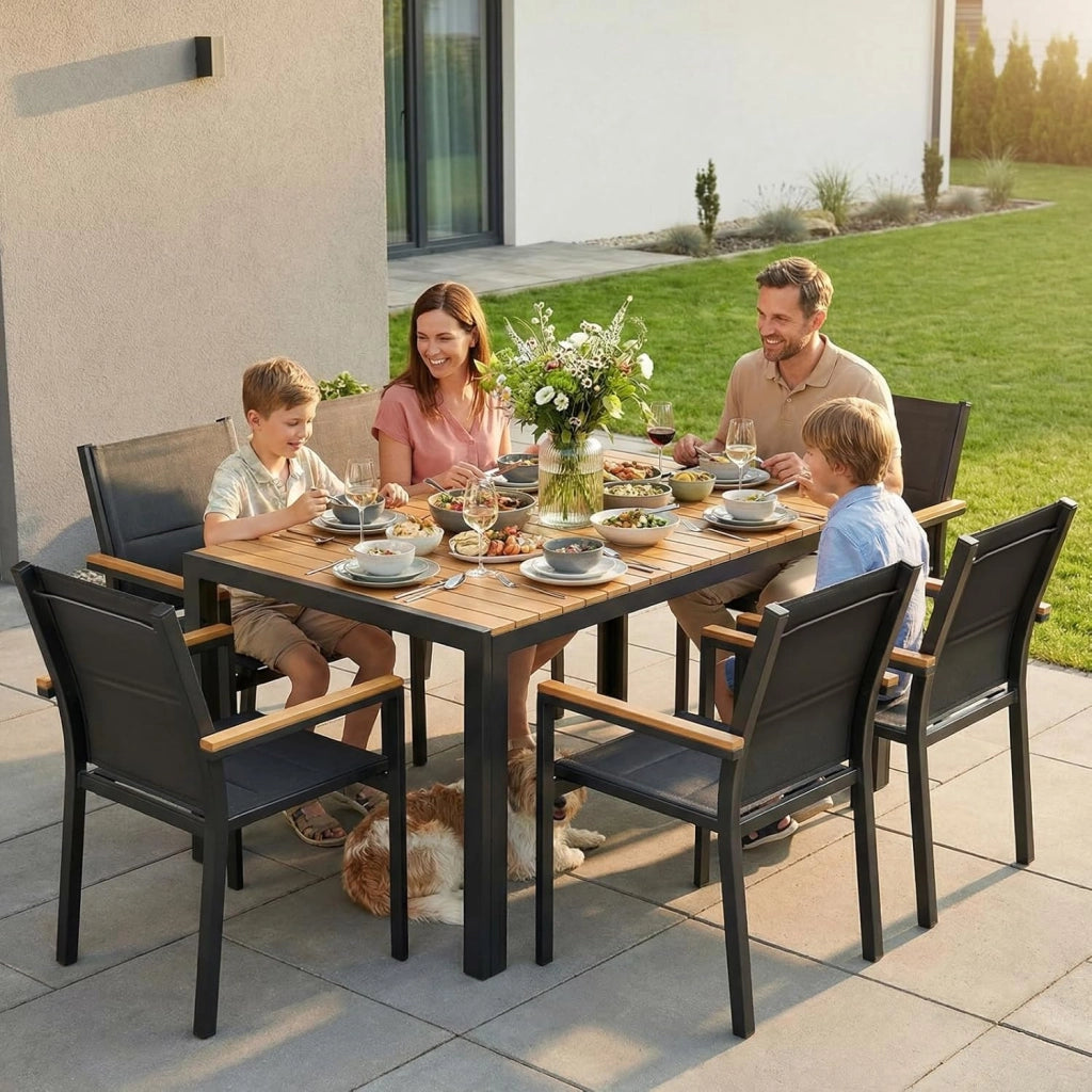 Set di 2 sedie da giardino in alluminio, con schienale e seduta trapuntati, impilabili, per sala da pranzo, in WPC, per terrazza, balcone, terrazza, piscina, ristoranti, colore nero, 2 pezzi