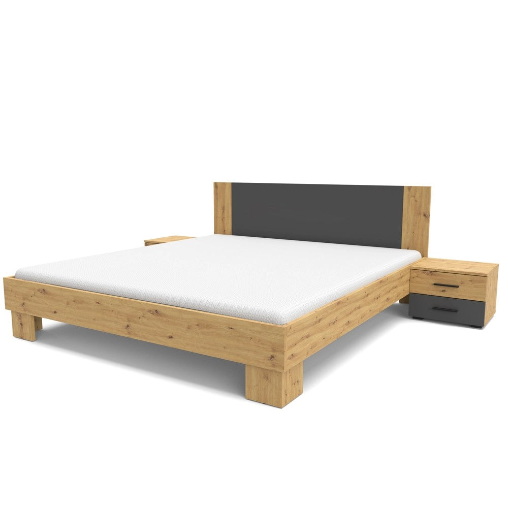 Letto matrimoniale Meria 180x200 con comodini integrati antracite e rovere