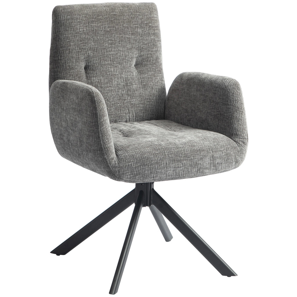 Poltrona girevole moderna con braccioli, rivestimento effetto lana-lino, grigio scuro