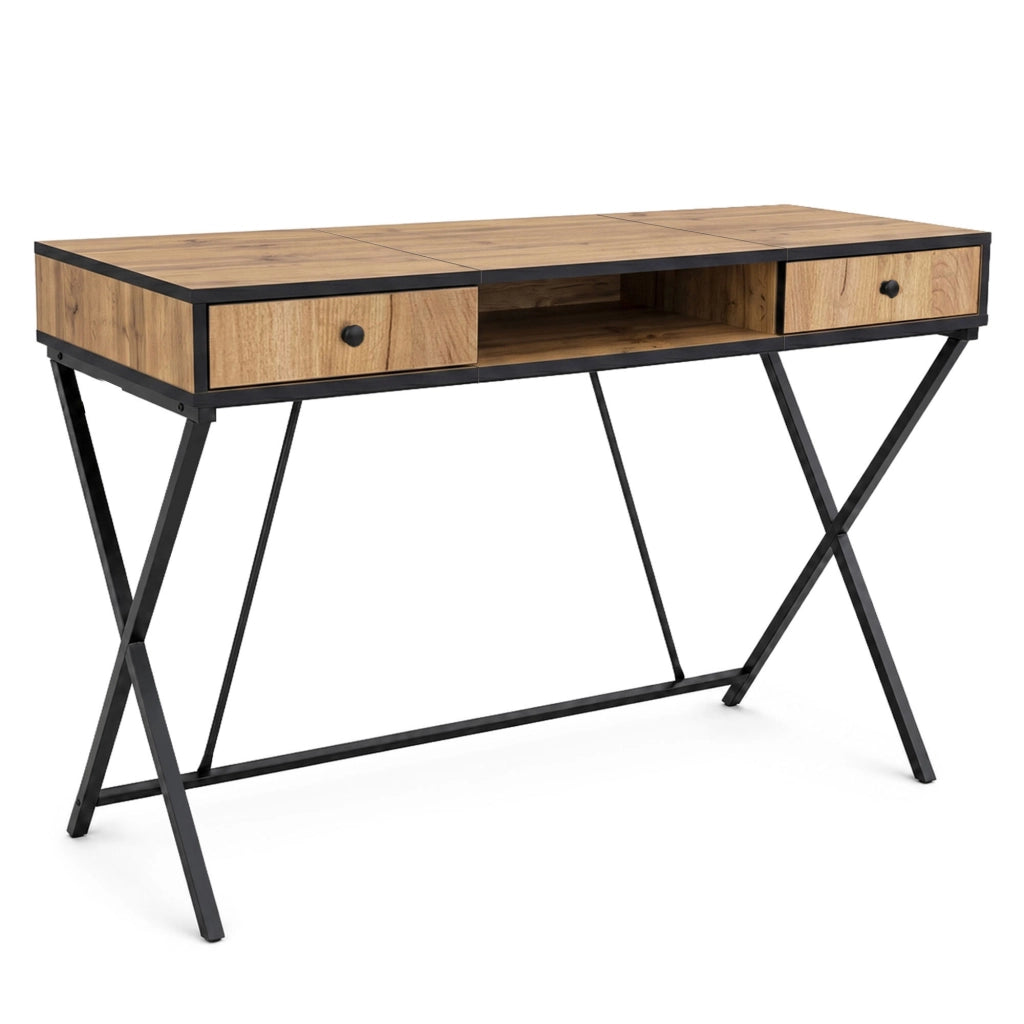 Scrivania PC industriale Rovere Craft CROSSLINE 120 cm 2 cassetti 1 ripiano gambe nere