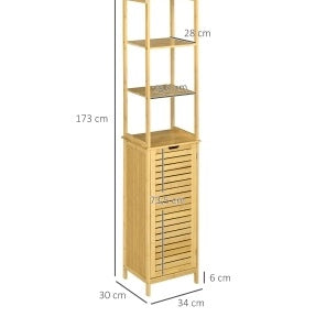 Mobiletto da bagno in bambù 34x30x173 cm con 3 ripiani aperti e 1 anta, stabile e salvaspazio