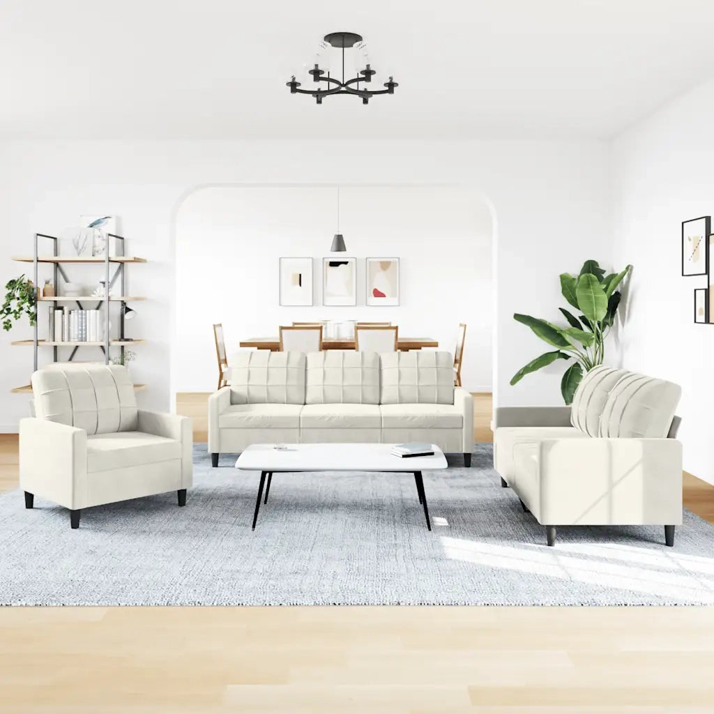 Set di Divani 3 pz con Cuscini Crema in Velluto