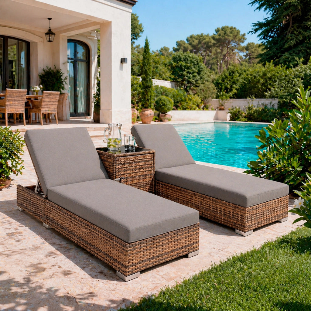 Set 2 Lettini Prendisole In Polyrattan Con Tavolino Contenitore E Cuscini Schienale Regolabile 5 Posizioni Sdraio Da Giardino Terrazzo Piscina 184 x 60 x 21 Cm Marrone Chiaro E Grigio