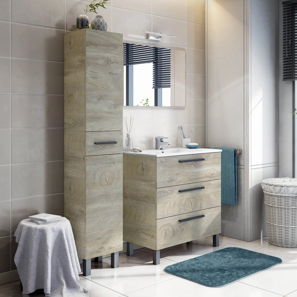 Alka, Mobile Colonna un Cassetto, 35x31x182h cm Marrone Rovere Grigio