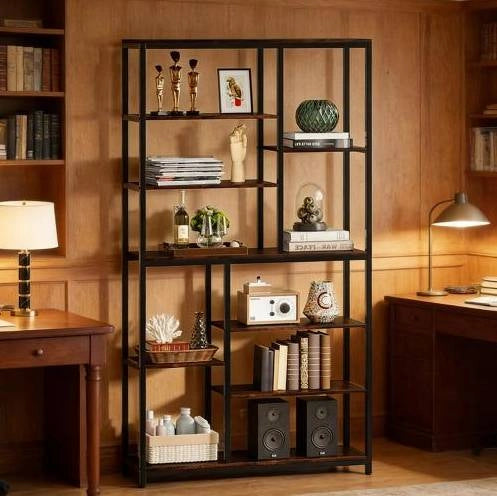 Libreria alta 100x30x200 cm in metallo e pannello rustico， nera， stile industriale