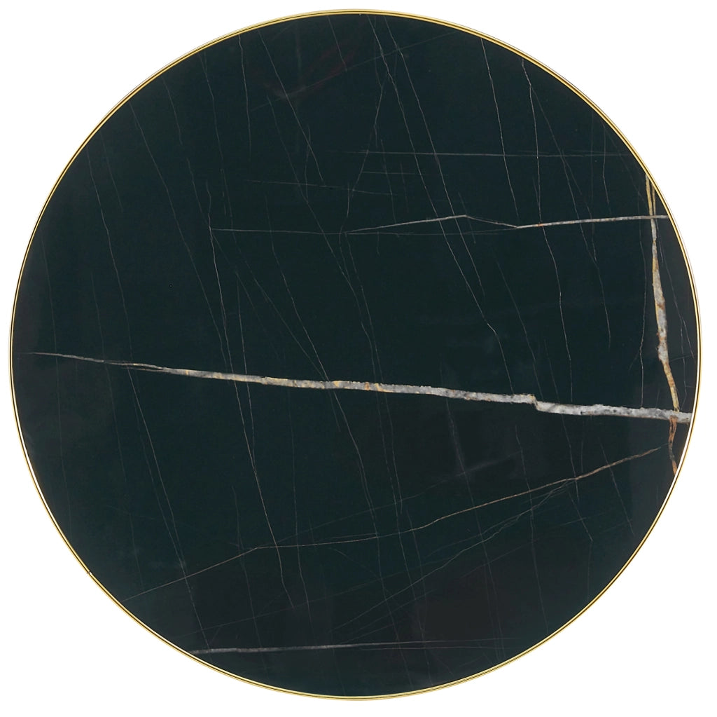 Tavolino rotondo nero e oro con piano effetto marmo e base stabile