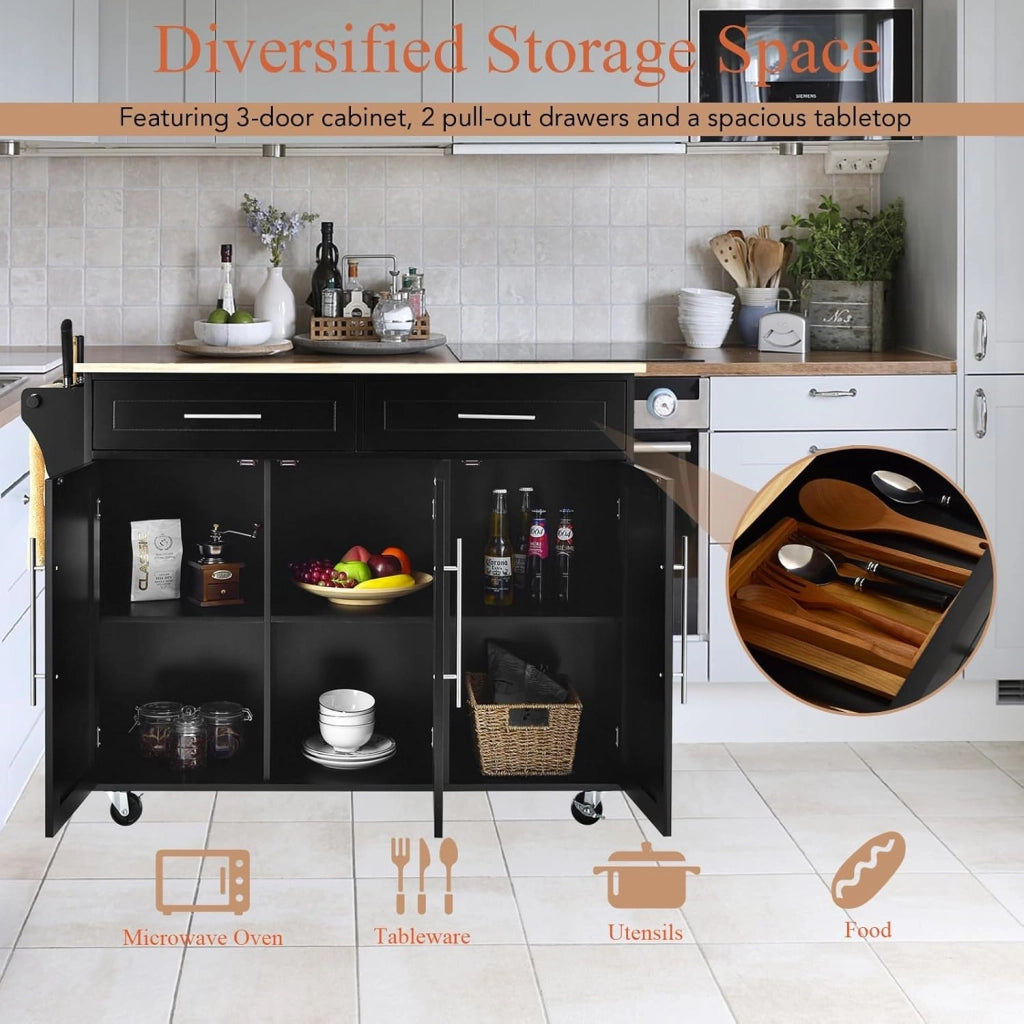 Carrello Portaoggetti con Ruote con 2 Freni, Isola Cucina in Rovere Massiccio, Mobiletto da Pranzo con Portaspezie e Portasciugamani, per Soggiorno, 111,5 x 46 x 93 cm, In 2 Pacchi (Nero)