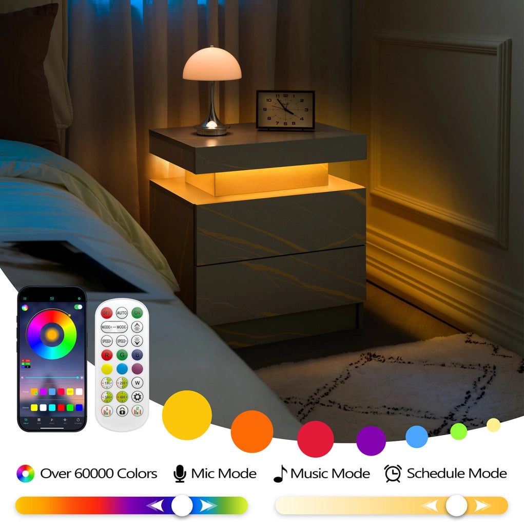 Comodino con LED multicolore regolabile; 2 cassetti e vano aperto; grigio e oro