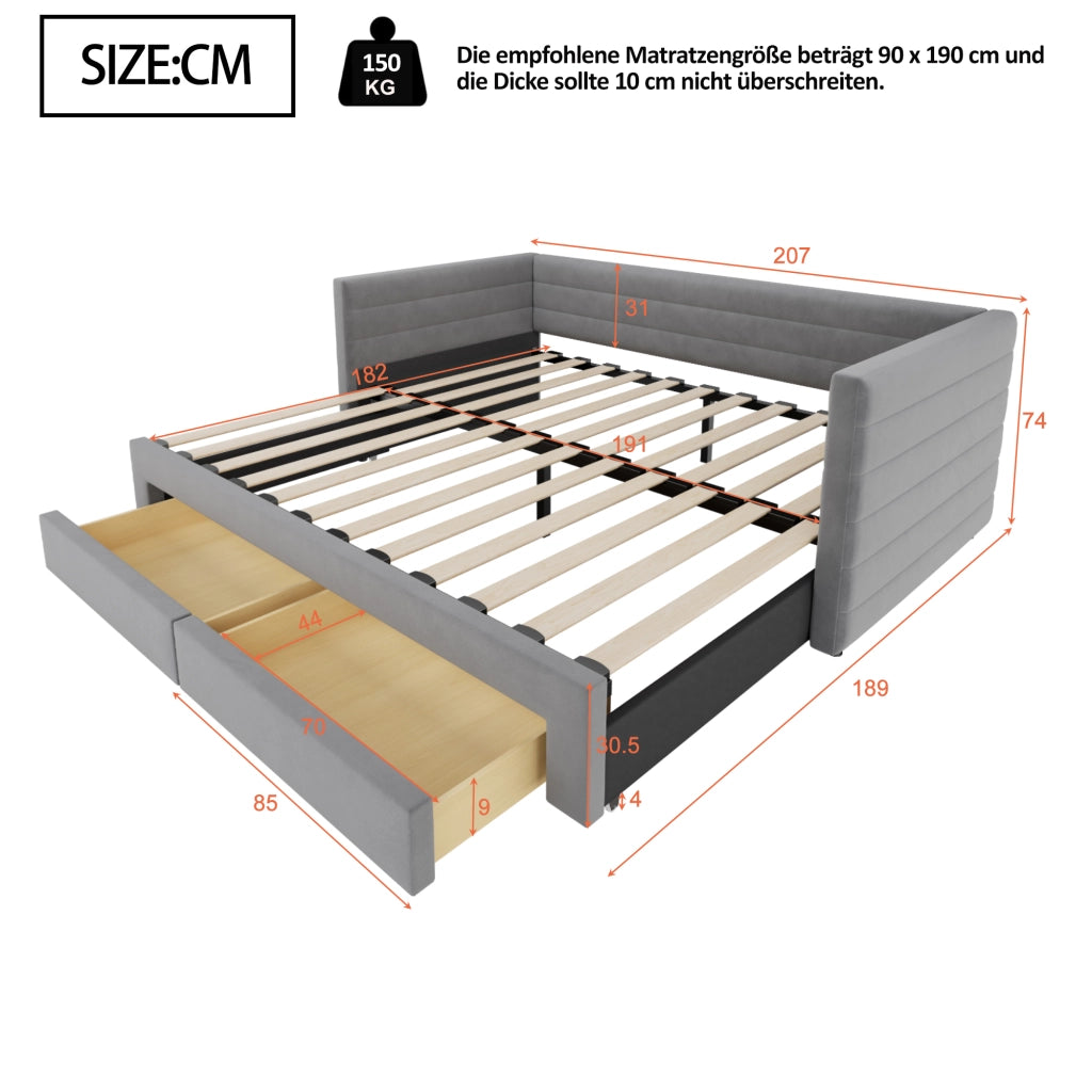 Letto salvaspazio estraibile imbottito 90×190 cm e 180×190 cm con 2 cassetti; senza materasso; grigio
