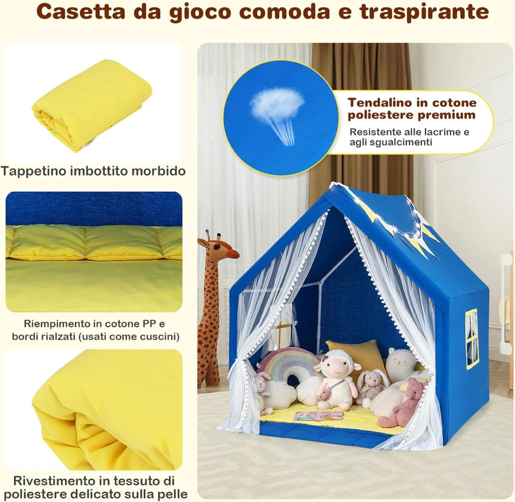 Tenda da Gioco per Bambini, Casetta per Bambini con Tappeto in Cotone Lavabile Luci Stellari e Finestre, Tenda del Castello, 122x105x125 cm (Blu)