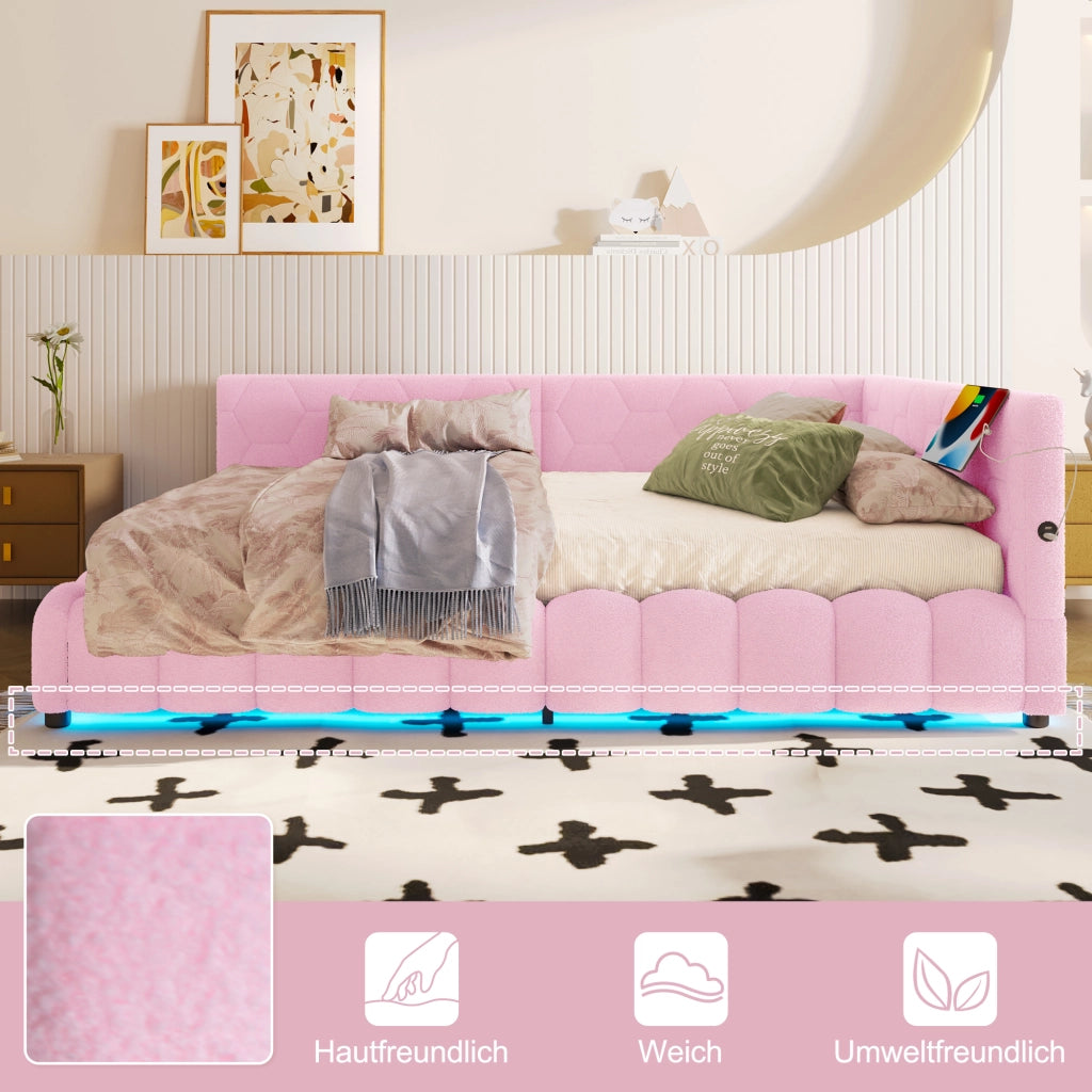 Letto a Divanetto 140x200 cm con Contenitore; LED; USB; Type-C; in Velluto Rosa