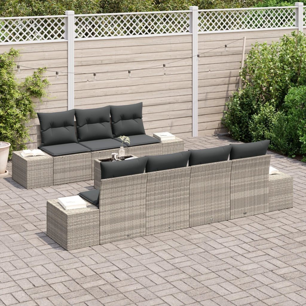 Set di Divani da Giardino da 8 Pezzi con Cuscini Grigio Chiaro Rattan Sintetico