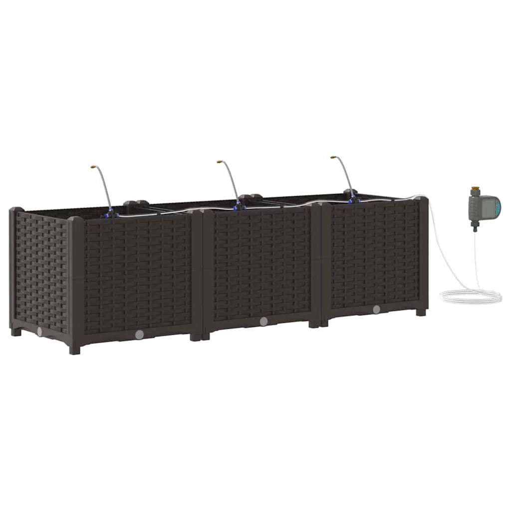 Set di 3 fioriere da giardino moderne con sistema di irrigazione 120 x 40 x 37,5 cm acciaio marrone 02_0058521