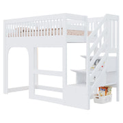 Letto a soppalco singolo 90×200 cm con scaletta contenitore; LED; sponde di sicurezza; senza materasso; legno; bianco