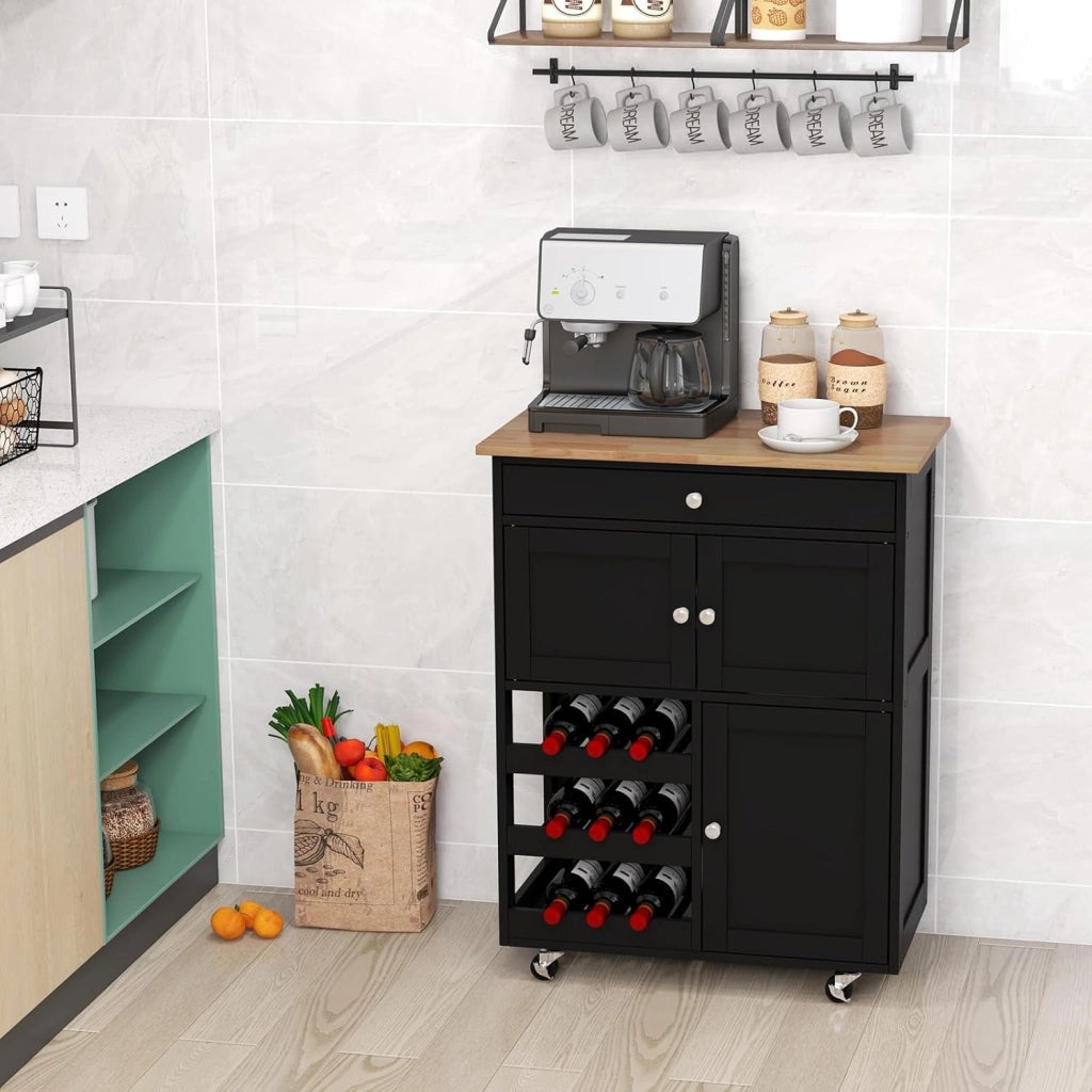 Carrello da Cucina Interno e Esterno, 1 Cassetto + 3 Ante + 3 Porta Vino, Credenza Mobile con 2 Ruote Bloccabili, Salvaspazio, Portata di 30 kg, 67x37x86 cm, 2 Colori (Nero)